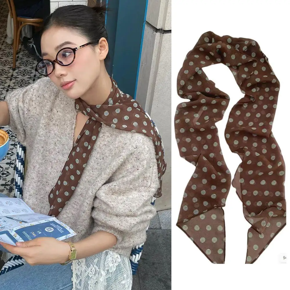 

2025 Women Ins Style Brown Polka Dot Long Silk Scarf Harajuku Chiffon Neckerchief Collar Decoration Scarves Streetwear Accessory