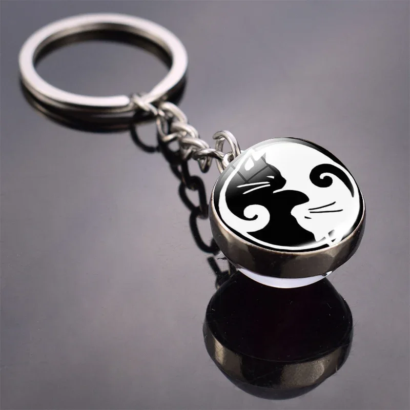 Yin Yang Keychain Yin Yang Tree of Life Double Side Glass Ball Keychain Yin Yang Cat Keyring