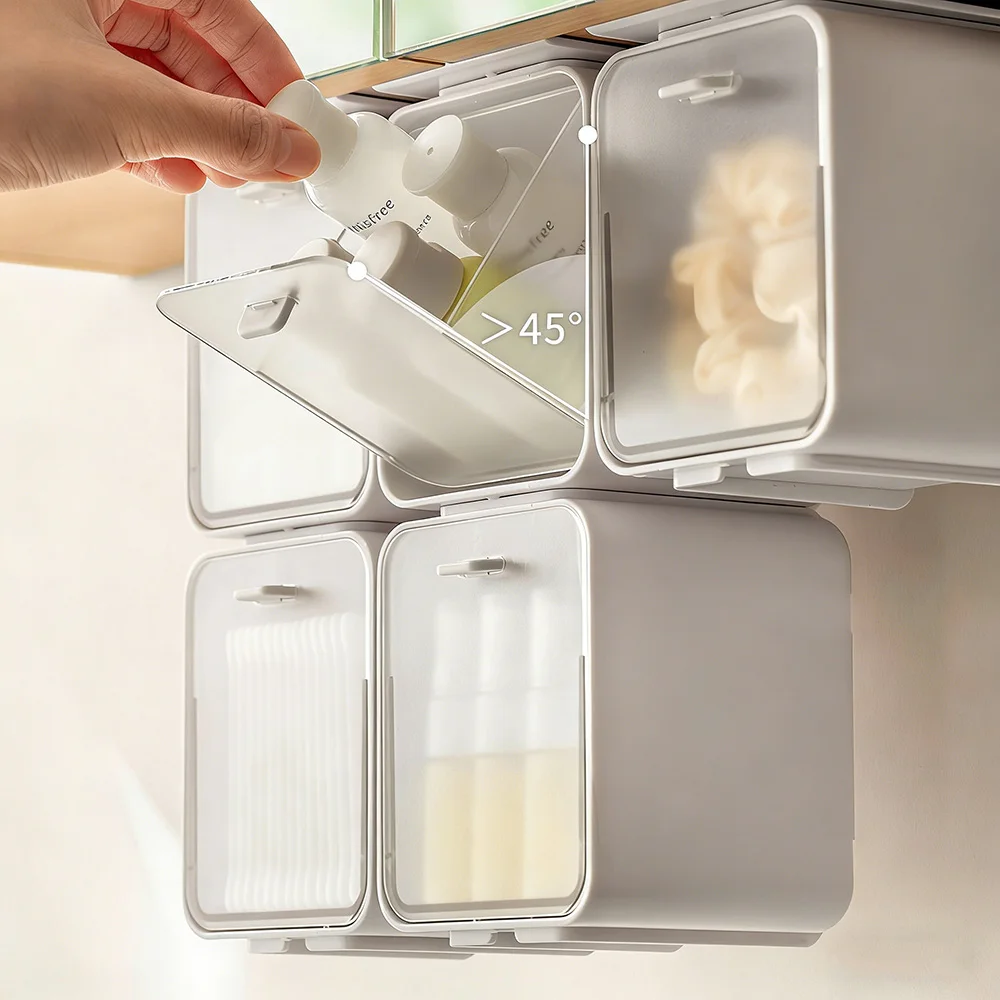 

Складная подвесная полка-органайзер для ванной комнаты под шкаф с пылезащитной откидной крышкой для косметики, ватных палочек и средств для снятия макияжа