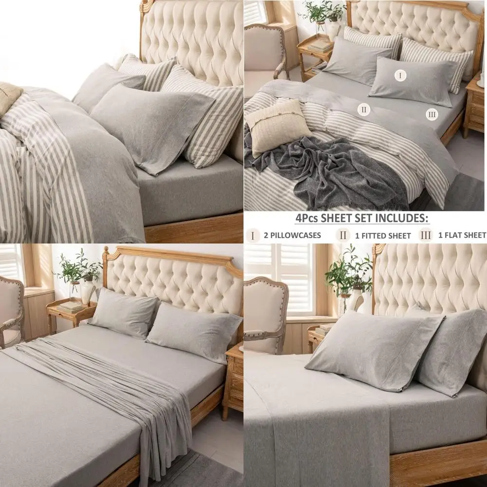 

Комплект постельного белья из 100% хлопка, трикотажа из 4 предметов — мягкий, дышащий, подходит для матрасов до 20 (светло-серый вереск, король)