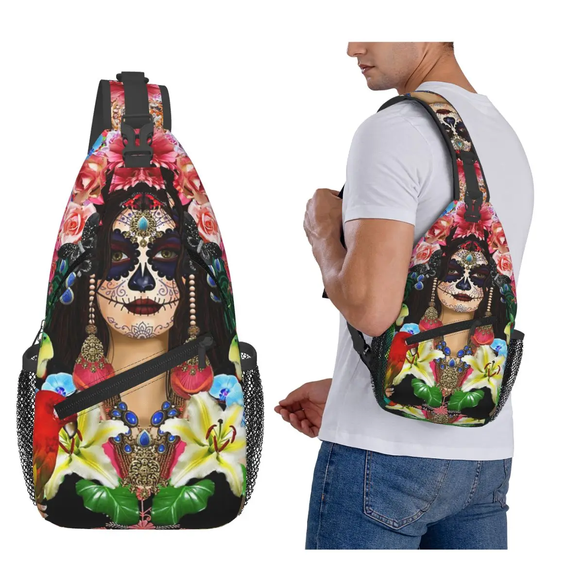 

Mexican Catrina Girl Day Of The Dead Sugar Skull Chest Bag Men Sling Crossbody Backpack Chest Bag Hiking Daypack Shoulder Bag