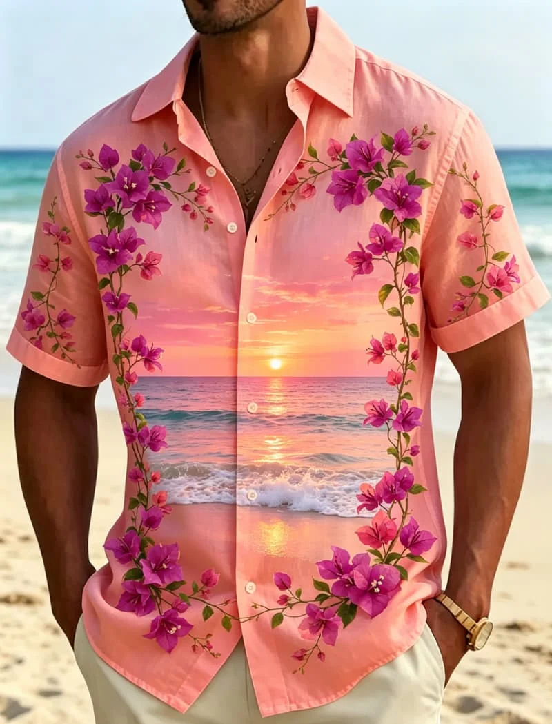 Men's Tropical Flower Framed Landscape Print Hawaiian Shirt, Breathable Casual Top for Summer Vacation and Daily Wear