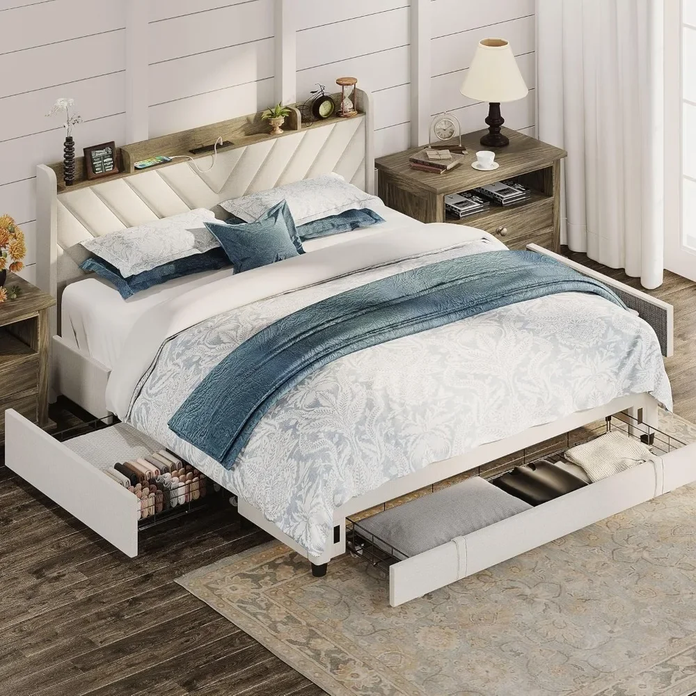 

Bed Frame Queen Size with Headboard, Upholstered Platform Bedframe with 3 Underbed Storage Drawers,USB & Type C Charge Station