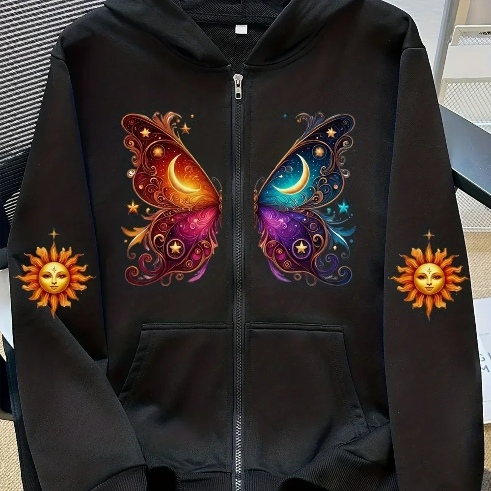 Boys Girls Celestial Sun Face Moon Butterfly Printed Zip Hooded Coat Galaxy Star Pattern Long Sleeve Kids Fashion Outerwear