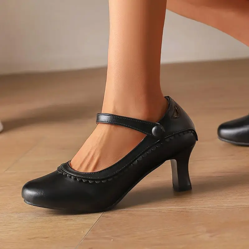 

SIMLOVEYO Туфли-лодочки Мэри Джейн с круглым носком 6 см, странные каблуки с пряжкой и ремешком, модные офисные женские туфли в повседневном стиле, большие размеры 45-48