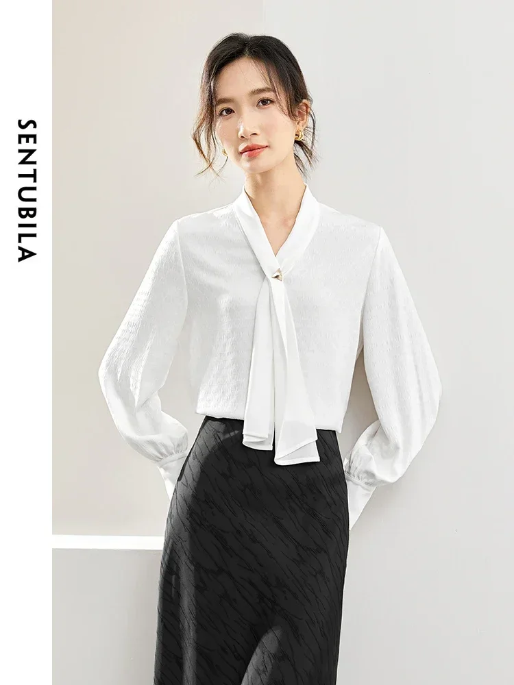 SENTUBILA Women Elegant Jacquard Chiffon Blouse 2025 Spring Summer Bow Shirt Pullovers Long Sleeve Office Ladies Tops 141V53328