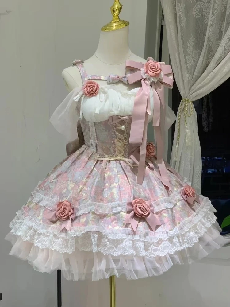 الحلو لوليتا المرأة فستان الأميرة قبالة الكتف حبال تصميم أنيق القوس الدانتيل ضئيلة Kawaii الإناث لطيف حفلة عادية لوليتا وتتسابق #2