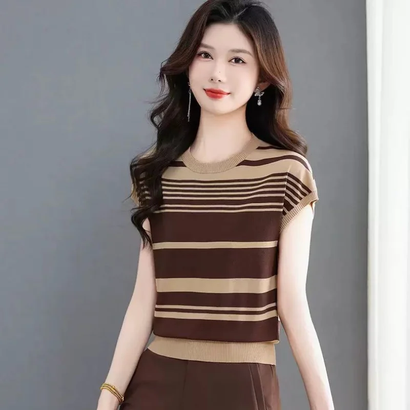 Women Striped Short Sleeveless Knit T-Shirt Casual Regular Fit Top for Summer Office Wear