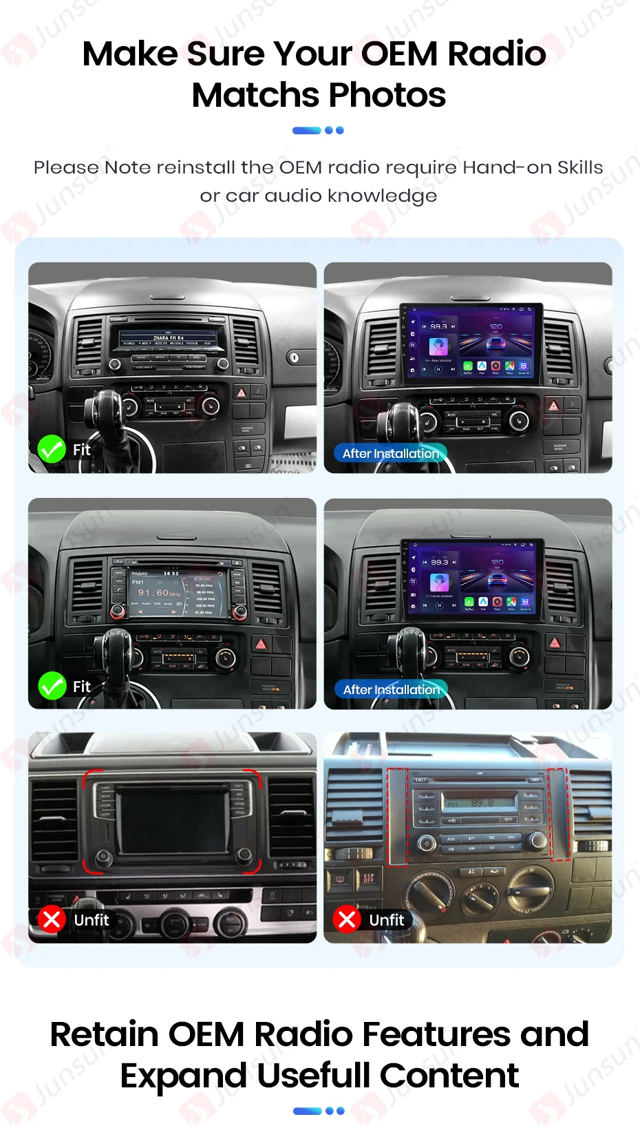 Junsun Autoradio für VW Multivan T5 Transporter 2003-2015 mit CarPlay, Android Auto, FM, RDS, DSP, BT, GPS-Navigation, Lenkradfernbedienung, HD IPS Touchscreen, Plug & Play Multimedia-Player, Freisprechfunktion, Original-Autostil-Haupteinheit – Detail 1