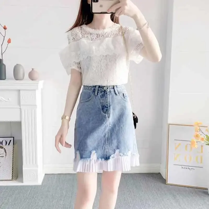 Women\'s Two Piece Set Denim Female Outfits Short Sleeve Lightly Cooked Skirt Luxury Designer Clothing Top and Bottom Co Ord Full