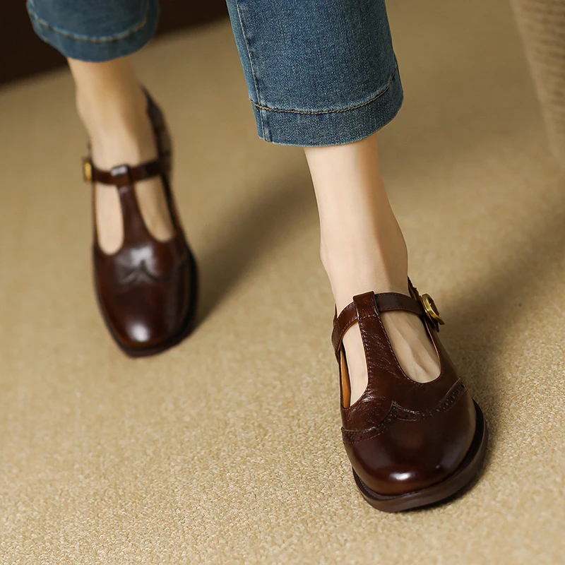 EAGSITY Cow Leather retro mary jane shoes women's block heel ankle strap footwear casual leather shoes british preppy style