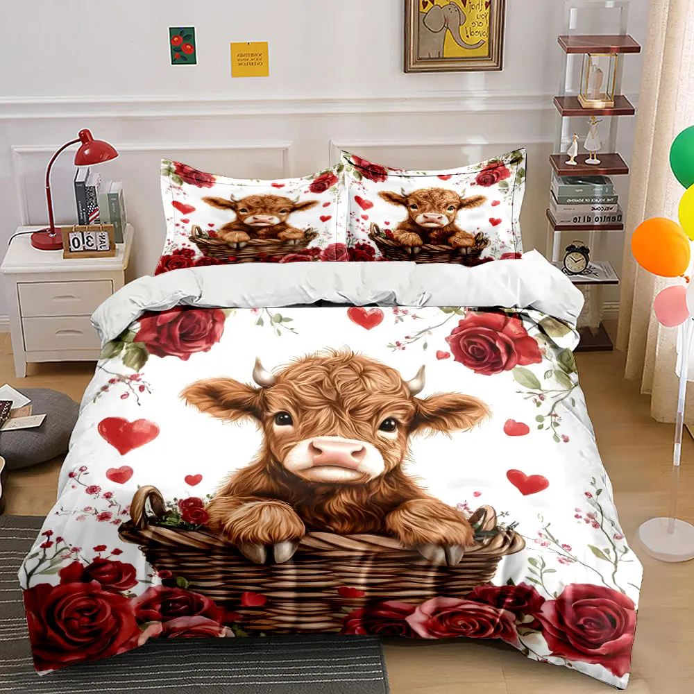 Fluffy calf with rose decor Pattern Duvet Cover Set Digital Print Colorful Polyester Bedding with Zipper Closur for kids gifts