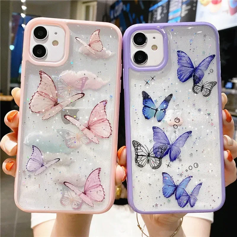 Cartoon Clear Glitter Butterfly Soft Shockproof Phone Case For iPhone 16 15 14 12 13 11 Pro Max XS XR X 7 8 Plus SE Cute Shell