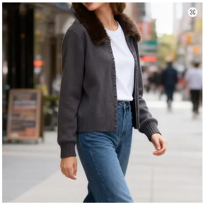 

Повседневный свитер из искусственного меха для женщин, однобортный вязаный кардиган с круглым вырезом и длинными рукавами в стиле пэчворк, женский новый