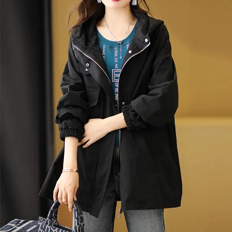 Women Mid Length Version Windbreaker Jacket Korean Ladies Hooded Trench Tops Coat Femal Large Size 4XL Drawstring Lined Outwear