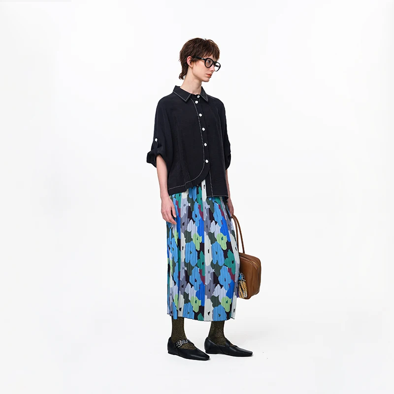 MOVEUP Casual A-Line Skirt 2026 Summer Loose Letter Elastic Waist Pleated Contrast Color Printed Loose Skirt For Women 3EWX20607