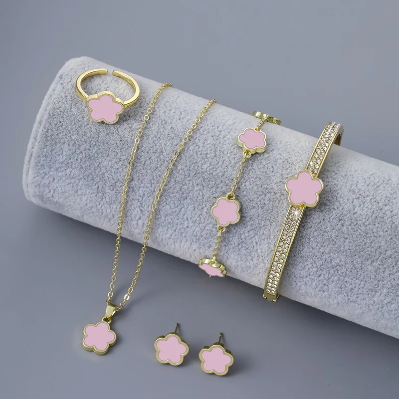 5pcs/set Luxury Quality Jewelry Sets Plum Blossom Plant Five Leaf Flower Women\'s Earrings Rings Bracelet Necklace Bangles Gift
