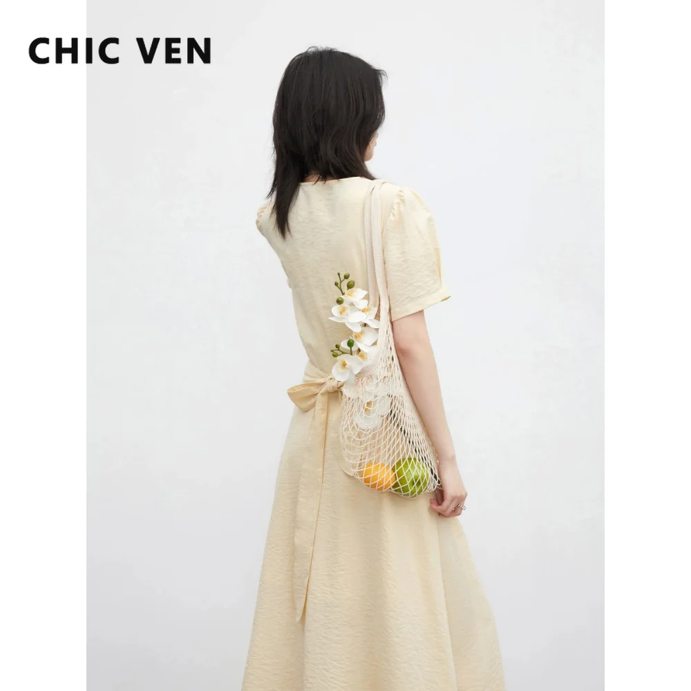CHIC VEN Modische Damenkleider Neues Lockeres Casual-Design Puffärmel V-Ausschnitt Trägerkleid Weibliches A-Linien Wickelkleid Sommer 2026