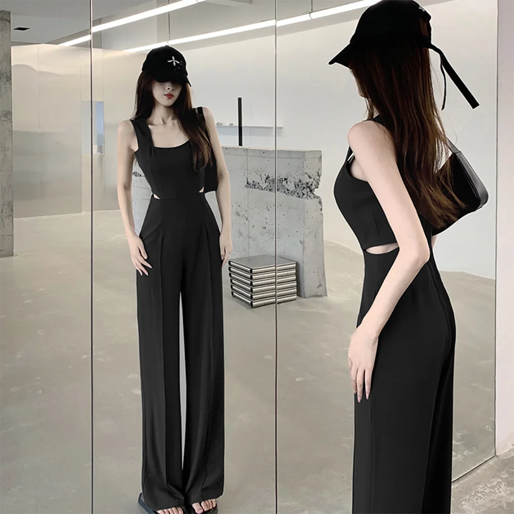 

Jumpsuit Women 2023 Summer Women's New Waist Hollow Sleeveless Black Romper For Ladies Casual Straight Trousers Long Overalls