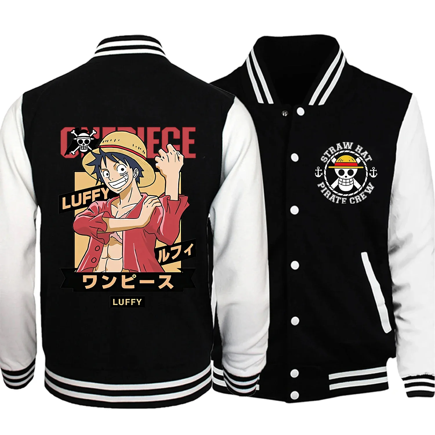 One Piece Baseball Uniform für Erwachsene Neue Luffy Anime Jacke Mann Mode Mantel Schwarz Kleidung Streetwear Unisex Sport Oberbekleidung Gif