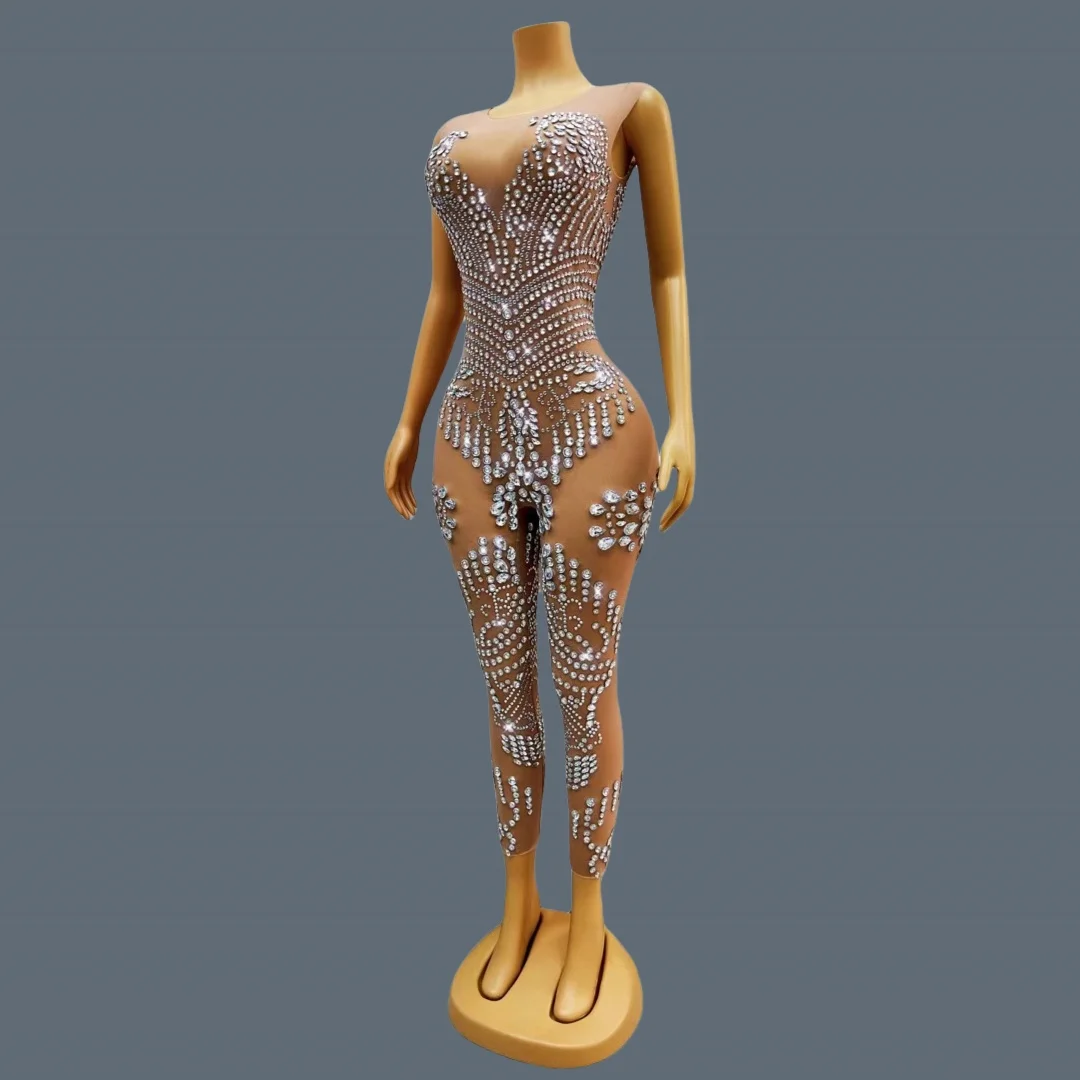 High-quality Mesh Sleeveless Sparkly Crystals Jumpsuit Birthday Party Outfit Sexy Women Dance Tight Fitting Jumpsuit Shuijingku