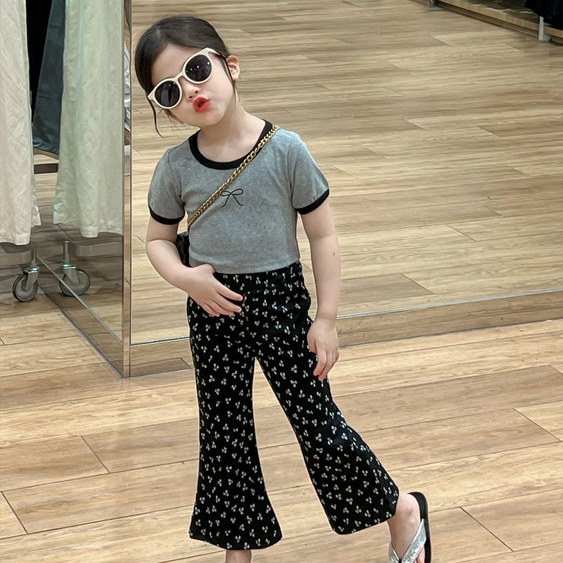 Girls T-Shirt 2024 Summer Sweet Bow Knot Printing Short Baby American Tight Fitting Casual Simple Fashion Korean Active Cool