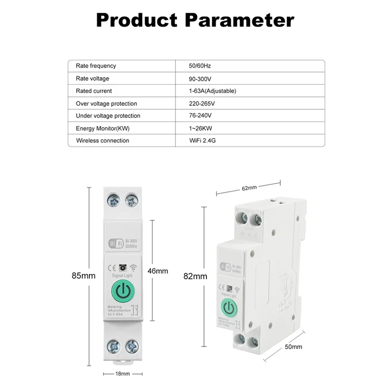 ABKI-Tuya Wifi Smart Circuit Breaker 1P+N 63A Din Rail Switch With Electricity Statistics Remote Voice Control For Alexa Home