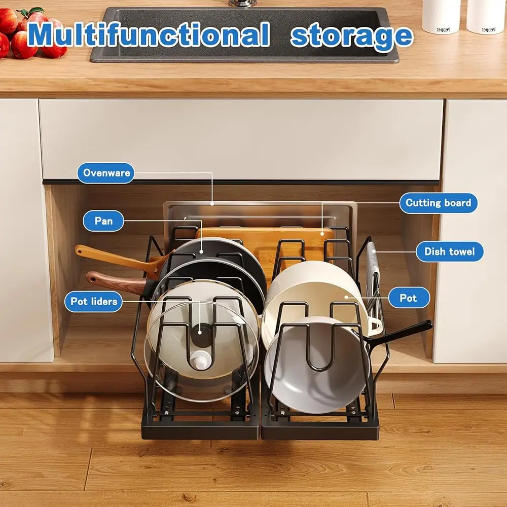 Pots And Pans Organizer Under Cabinet, 21.6"" Deep Pull Out Pot Lid Organizer Holder With Guardrail Adhesive Pot And Pan Holder