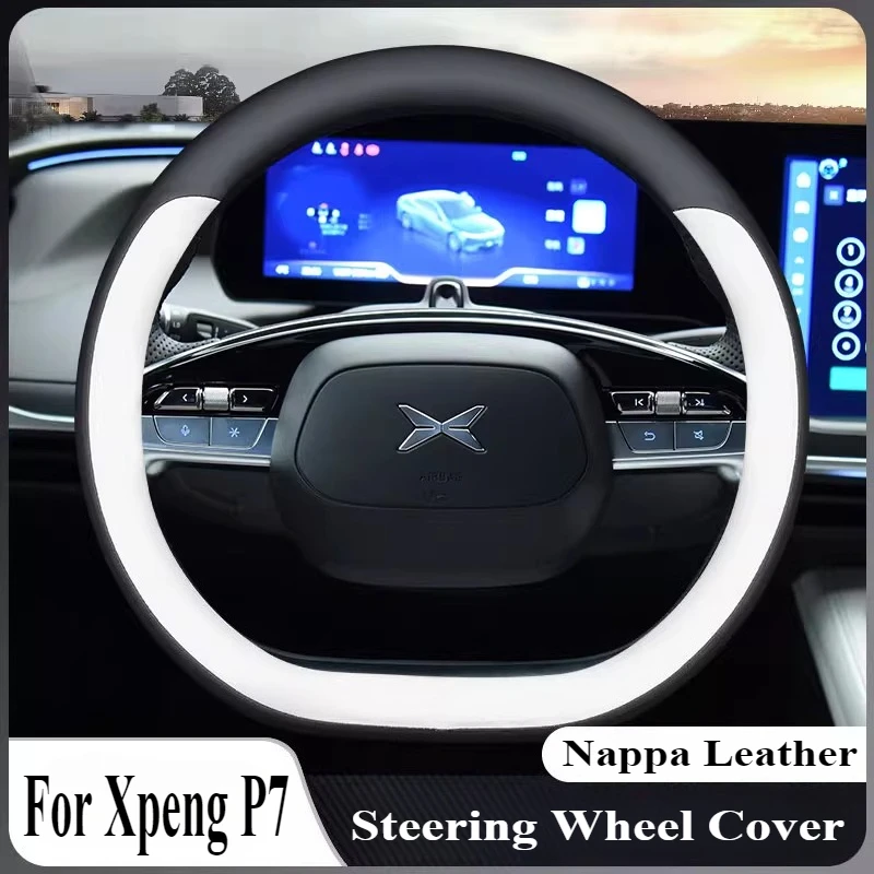 

For Xiaopeng Xpeng P7 24 Nappa Leather Steering Wheel Cover Wrap Anti Slip Four Season Universal Car Interior Modified Accessory