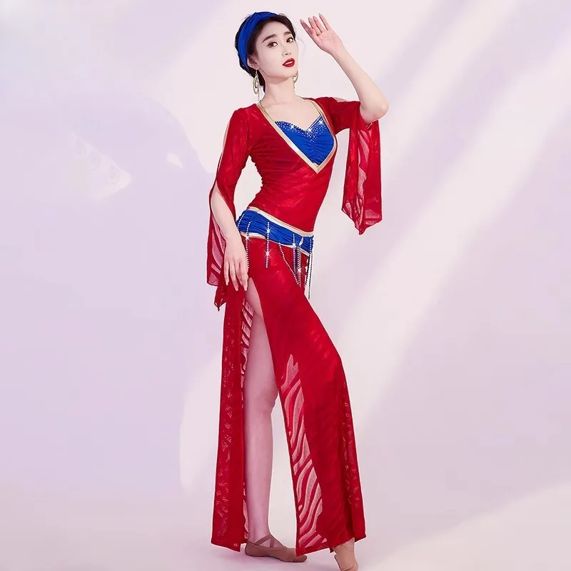 맞춤형 새로운 밸리 댄스 의상 점프 슈트 baladi 가운 댄스 공연 의상 메쉬 롱 드레스 블랙 레드 스플릿 스커트