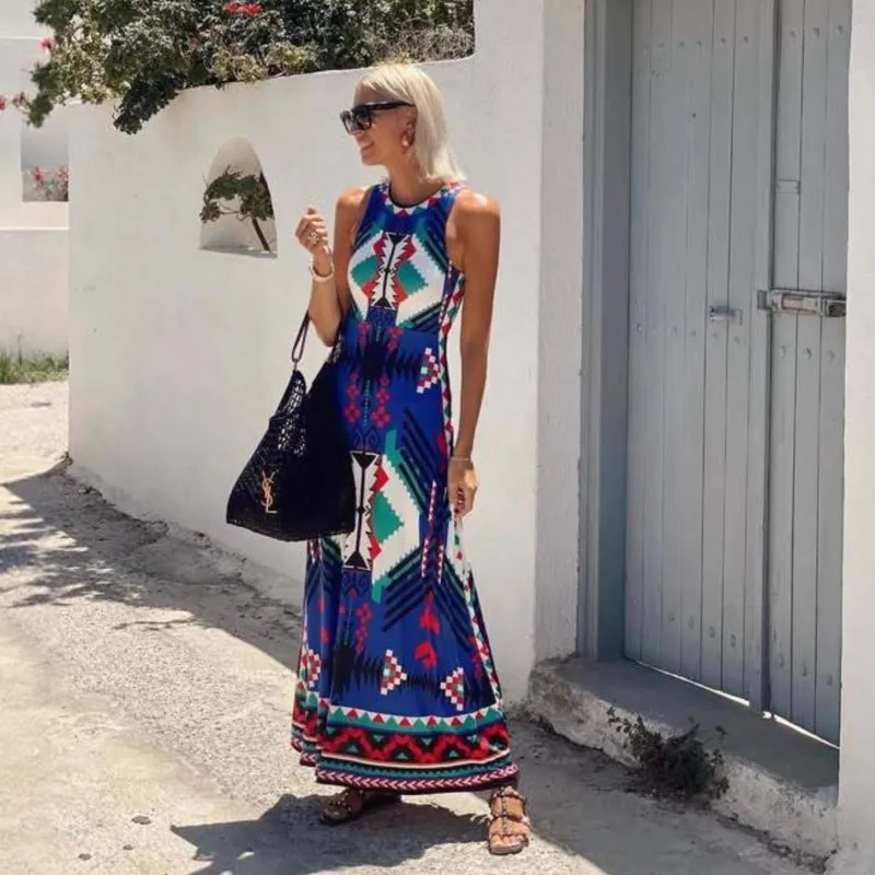 Summer Sleeveless Vacation Long Dresses For Women 2025 New Vintage Geometric Pattern Print A-line Slim Beach Party Vest Dress
