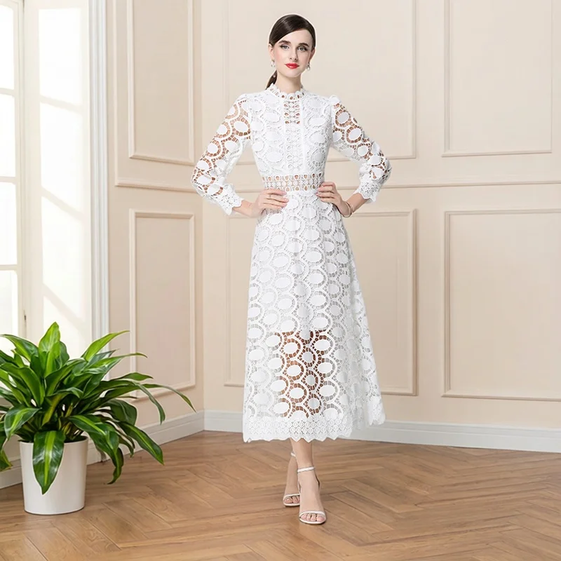 

Elegant White Lace Hollow Long Sleeve Dress Women's Waist Cinched Show Dress Elegant Long Skirt Sweet Style mid Waist A-Line