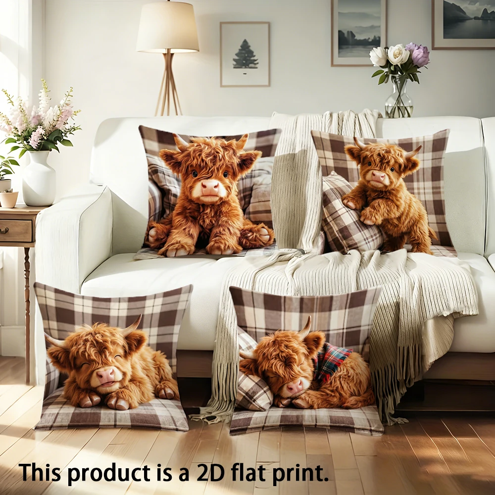 1pc  Cute Highland Cow Print Throw Pillow Covers, Soft 2D Flat Printed Farmhouse Cushion Cases for Home Sofa Decor