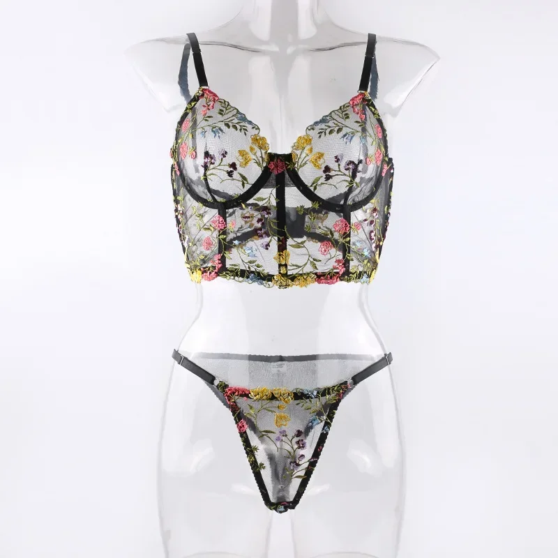 Cute Floral Boned Embroidery Prolonged Corset Top Lingerie Flower Bra and Panty Set Bralette with Fish Bone Fun Underwear