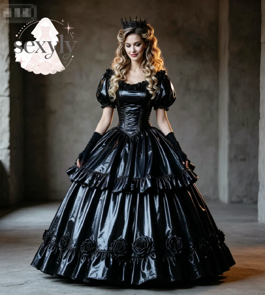 Schwarzes Glänzendes PVC-Gothic-Abendkleid mit Puffärmeln, Korsett, Viktorianisches 3D-Rosen-Ballkleid für Halloween, Karneval, Cosplay, Mittelalter