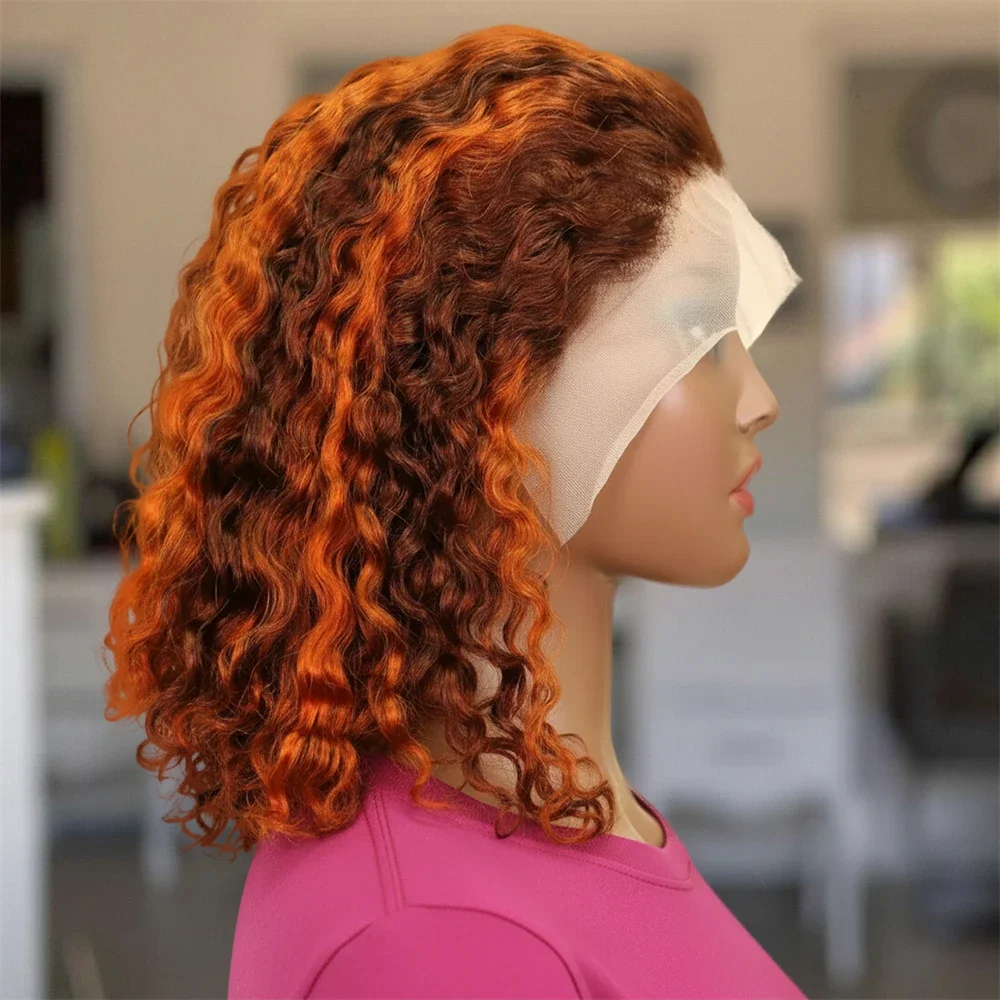 

Ombre Brown Ginger Orange Short Bob Deep Water Wave #4/350 Color Bob Highlight Wigs 13x4 HD Lace Frontal Wig Human Hair Curly