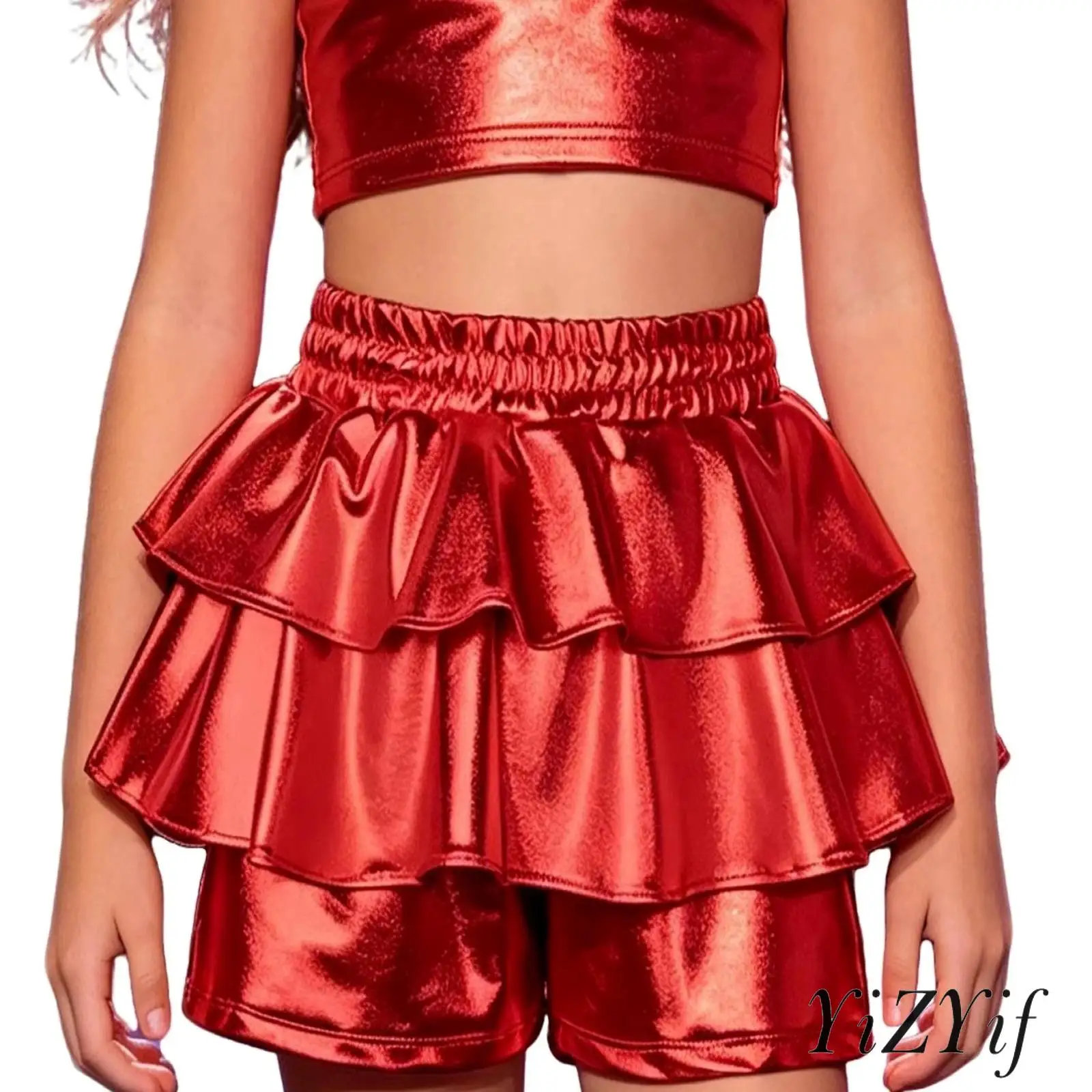 

Girls Shiny Dance Ruffled Shorts Metallic Pleated Skirt Shorts Elastic Waistband Culottes Jazz Hip Hop Dance Stage Competition