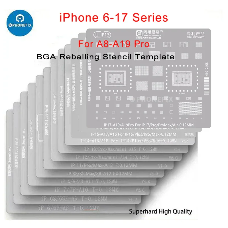 

Amaoe Comprehensive Steel Mesh BGA Трафарет для реболлинга A8-A19 Pro для iPhone 17, 16, 15, 14 Pro Max Инструменты для пайки олова