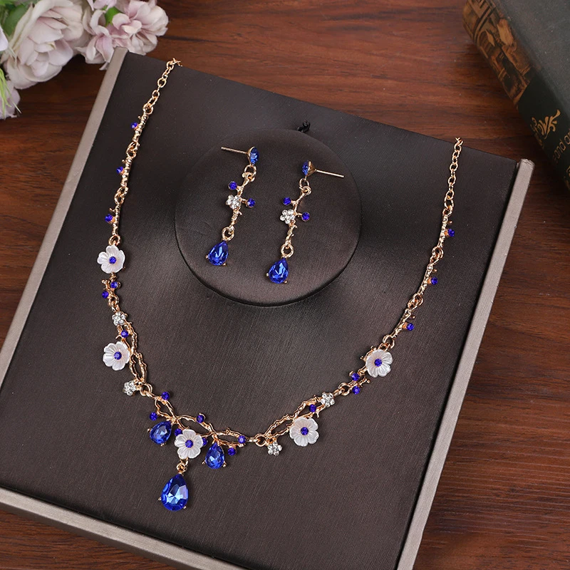 Creative Fashion Flower Crystal Costume Jewelry Rhinestone Choker Necklace Earrings Set For Women Tiaras Crown Wedding Jewelry