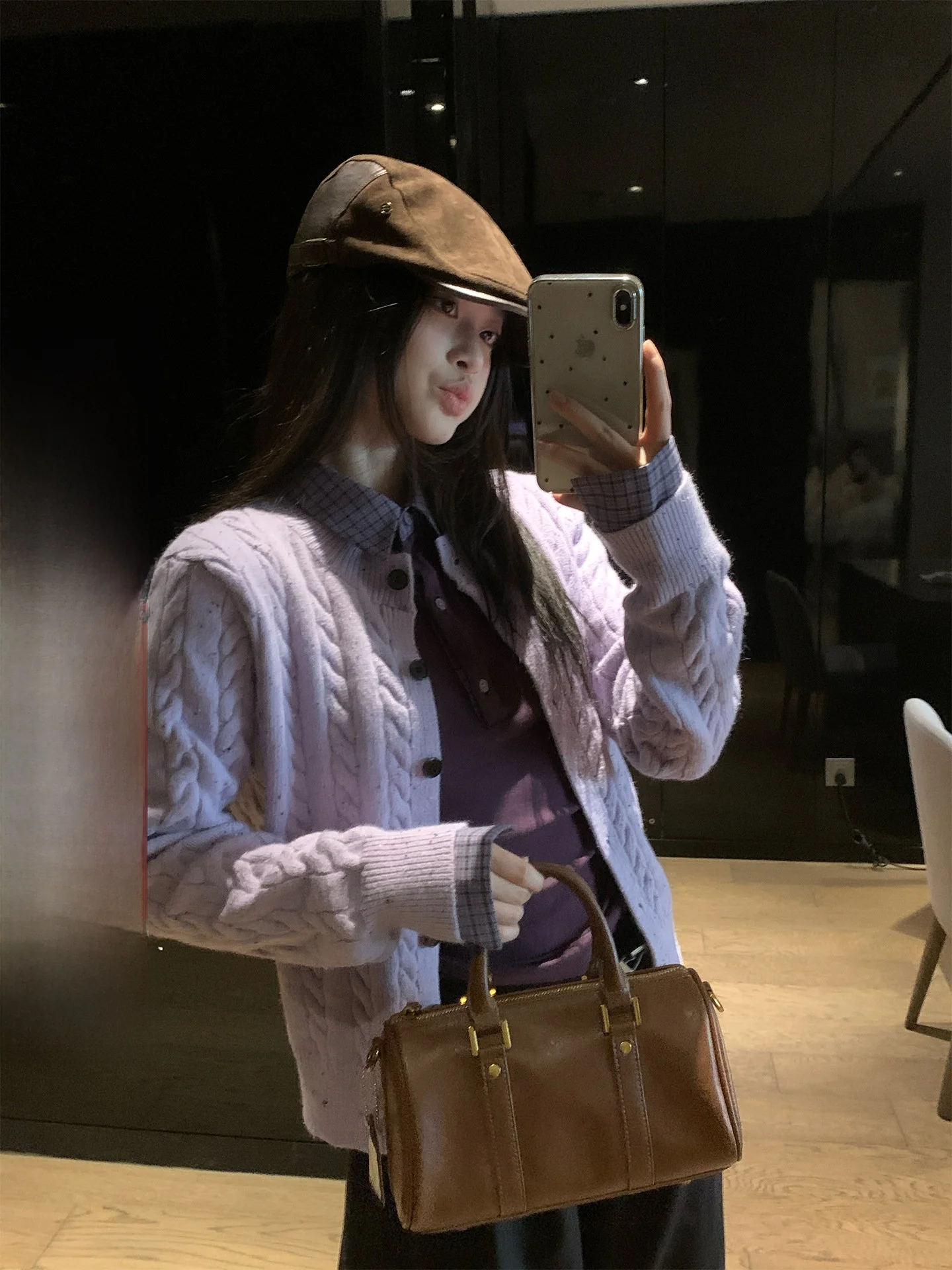

Purple Flowered Sweater Coat Women's Autumn Winter Knitted Cardigan Loose Fit Long Sve round Ne Color Korean Sle