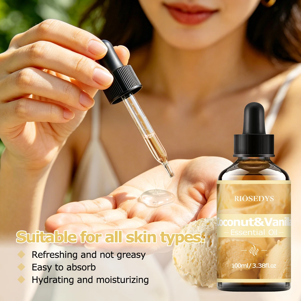 COCONUT VANILLA ESSENTIAL OIL moisturizing and nourishing massage oil suitable for skincare, fragrance, massage, all skin types.