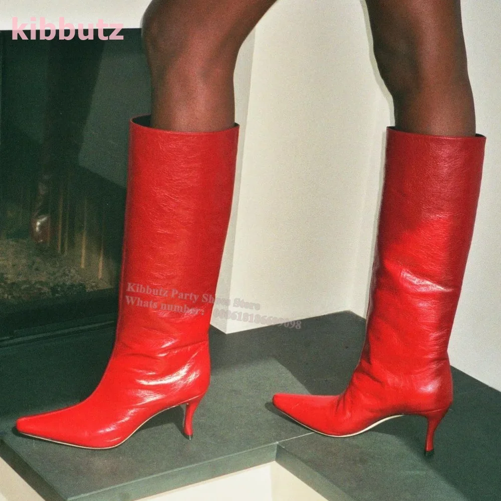 

Leather Boots Knee High Pointed Toe Thin Heel Slip-On Solid Red Fashion Elegant Sexy Concise Novelty Women High Shoes New Sexy