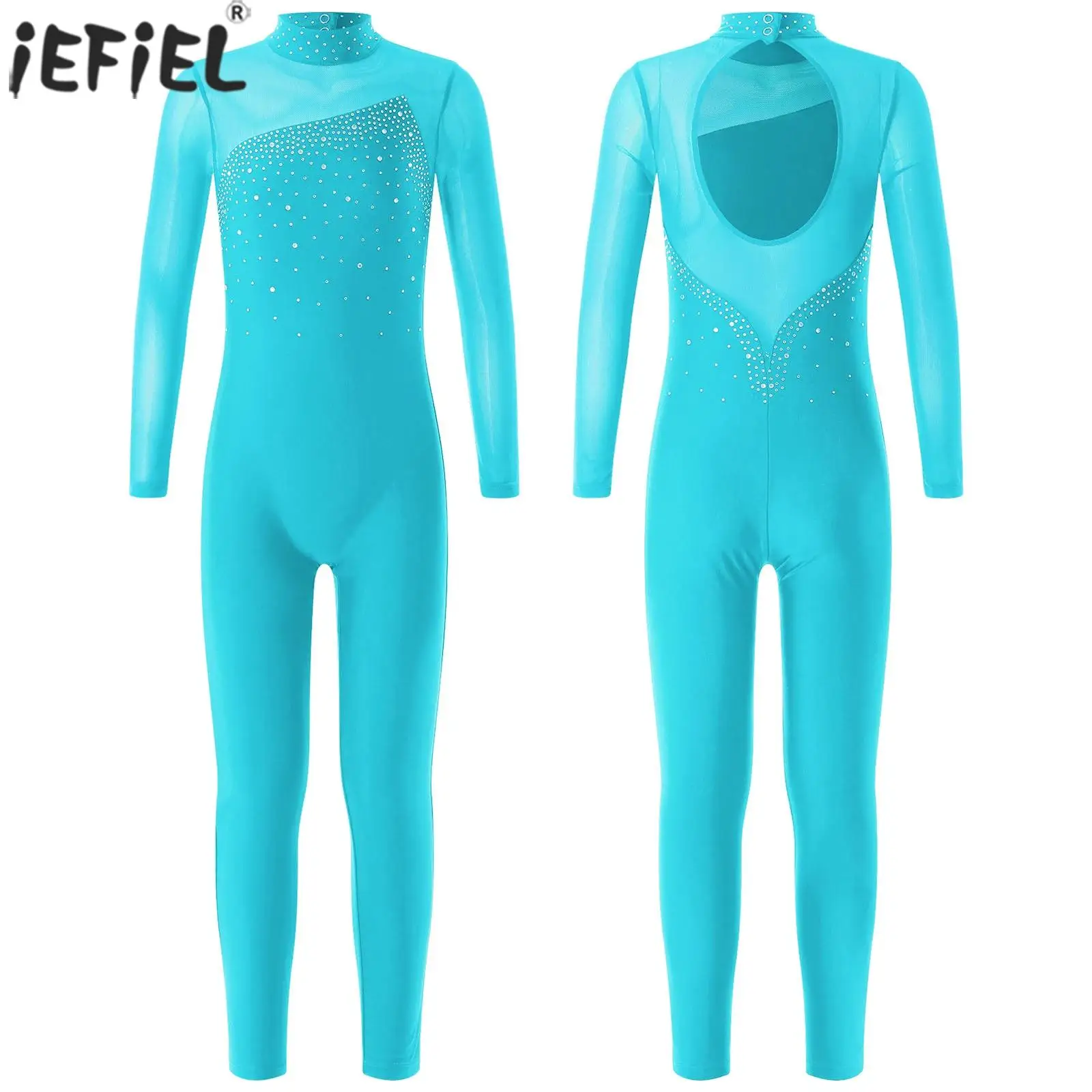 Kids Girls Ballet Dance Jumpsuits Gymnastics Leotards Figure Skating Performance Costume Long Sleeve Shiny Rhinestone Bodysuit