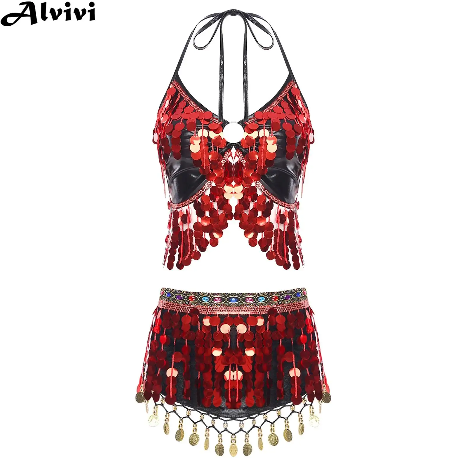 

Women Belly Dancing Costume Set Tassel Sequin Halter Crop Top with Fringe Glitter Hip Scarf for Halloween Carnival Theme Party