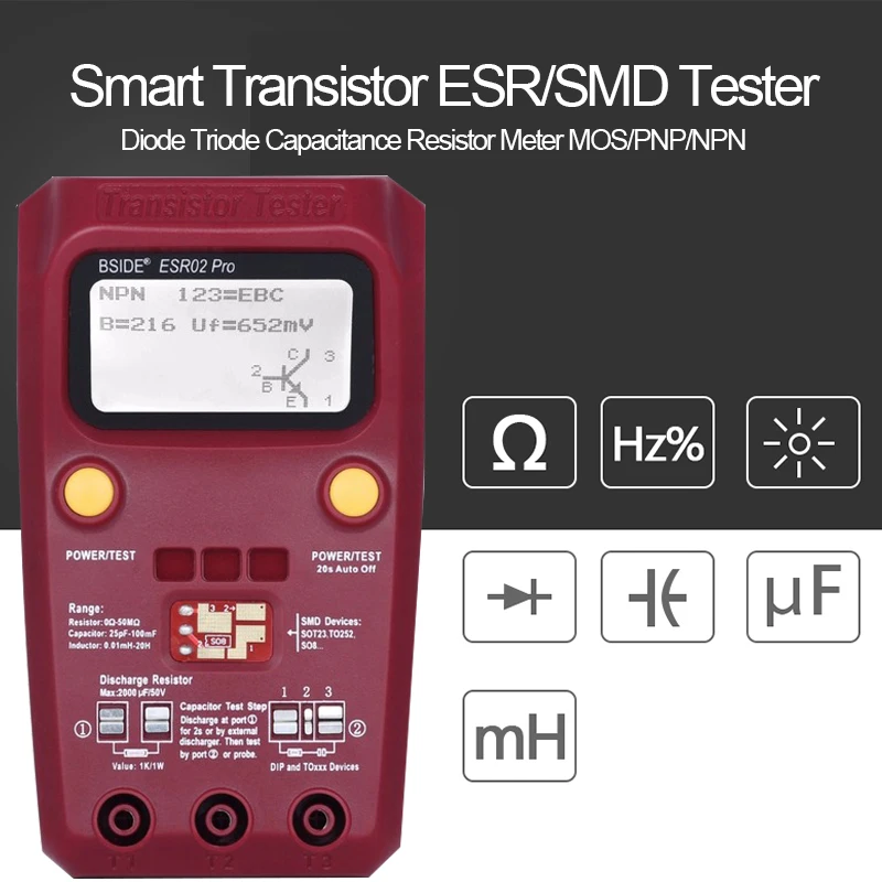 

Digital Transistor Tester Multimeter SMD Components Diode Triode Capacitance Inductance Resistance Lcr Meter ESR02pro BSIDE