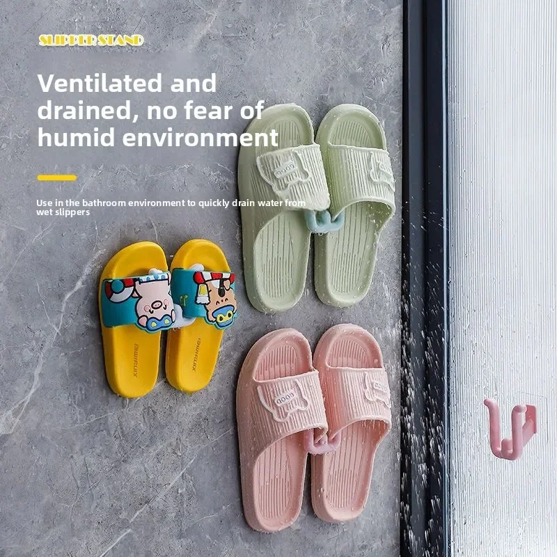 No Drill Wall Mounted Slipper Rack Self Adhesive Drain Drying Shoe Holder Space Saving Bathroom Indoor Slipper Storage Organizer