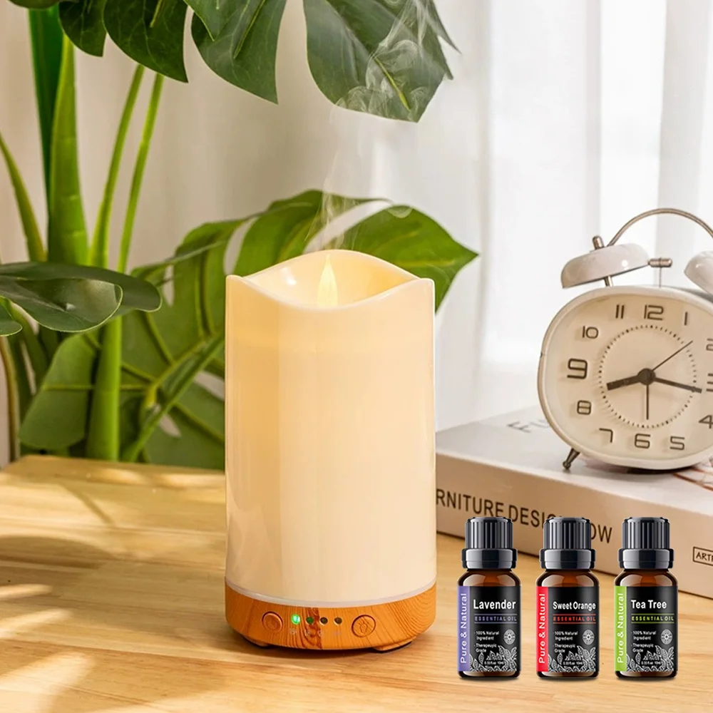 

130ml Ultrasonic Aromatherapy Humidifier Candle Design Diffuser with Timer, Color Lights, 3 Essential Oils Included for Home