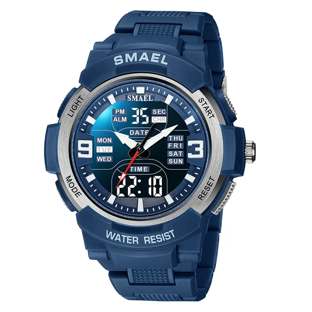 SMAEL Electronic Digital Watch for Men Fashion Chronograph Waterproof Quartz Wristwatch with Blue Rubber Strap Date Week 1912