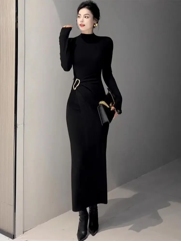 

Sexy Pure Desire Wind Half High Collar Long Sleeve Dress for Women Folding Waist Bag Hip Long Dress E7729