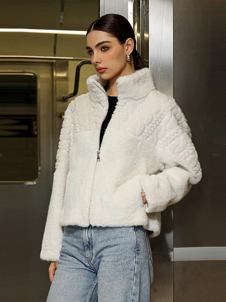 Abrigo de piel sintética para mujer, chaqueta femenina con patrón de manga larga y cremallera con cuello levantado, abrigos cortos holgados e esponjosos informales para otoño